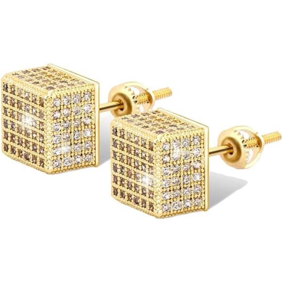 Gold Cube Studs: 925 Silver with Iced Simulated Diamonds - Picture 1 of 5